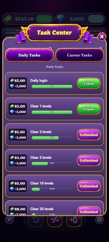 Task Center with daily rewards
